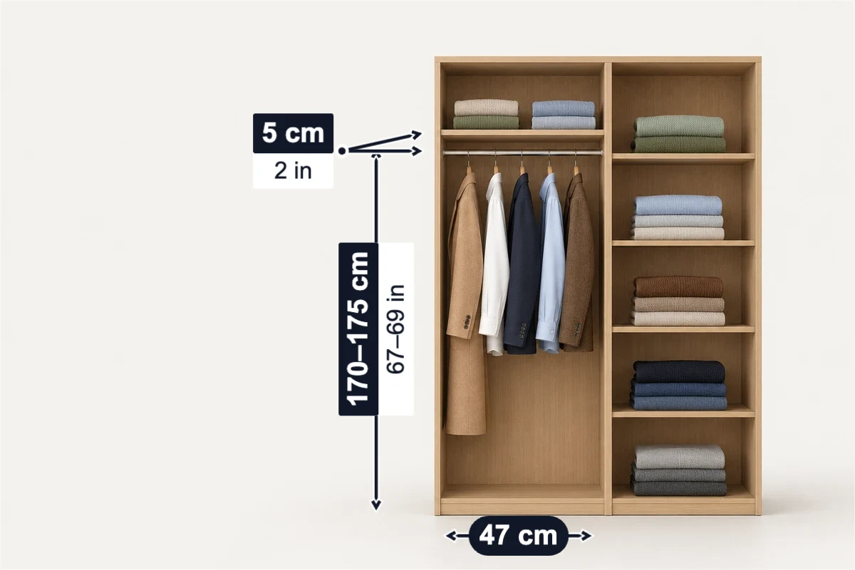FRONT, DOORS OPEN: A hanging side and a shelf side