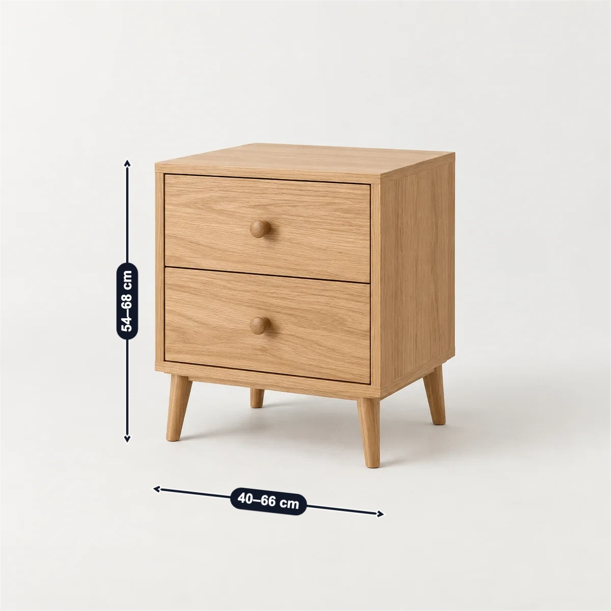 Two-drawer nightstand with its usual width, depth and height marked