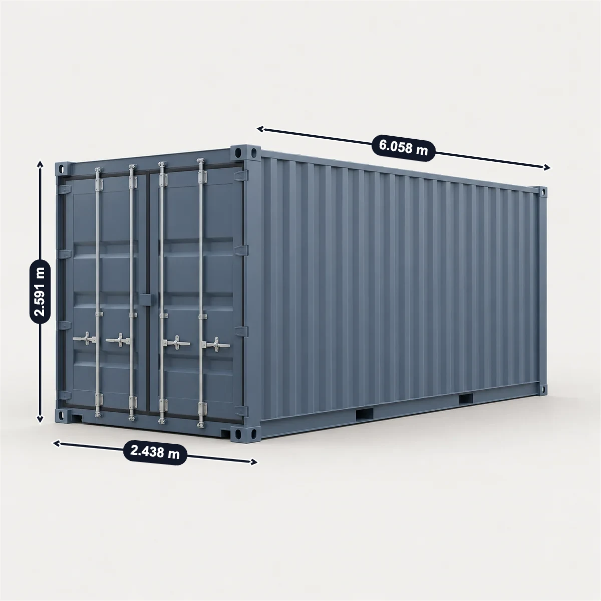 20 ft container with its usual width, depth and height marked