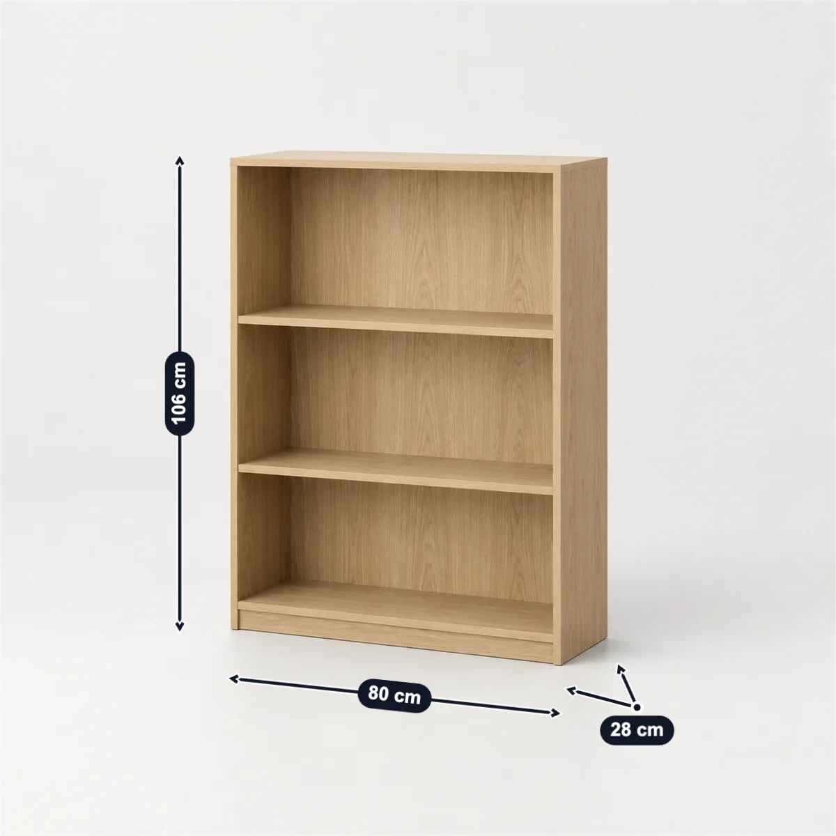 3-shelf bookcase with its usual width, depth and height marked