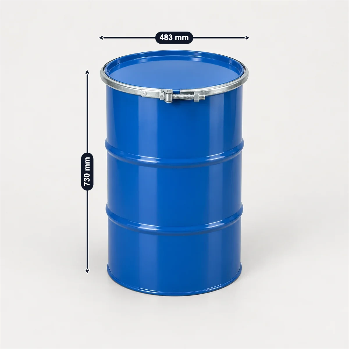 30-gallon steel drum with its usual width, depth and height marked