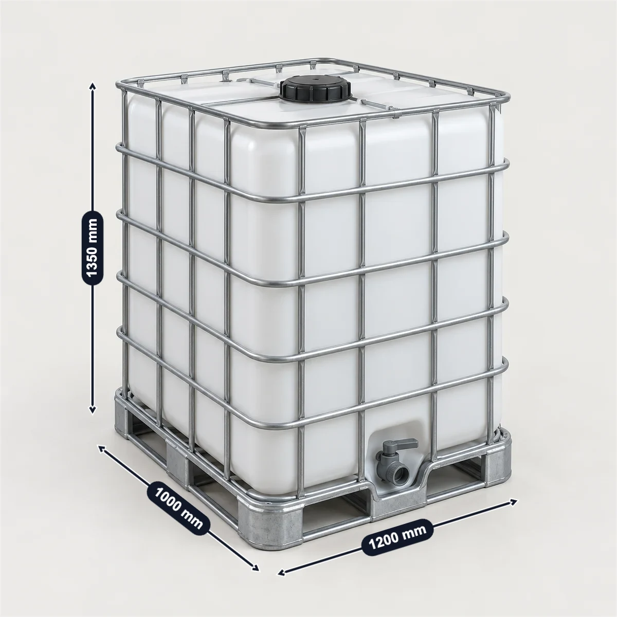 330-gallon (1,250 L) IBC tote with its usual width, depth and height marked