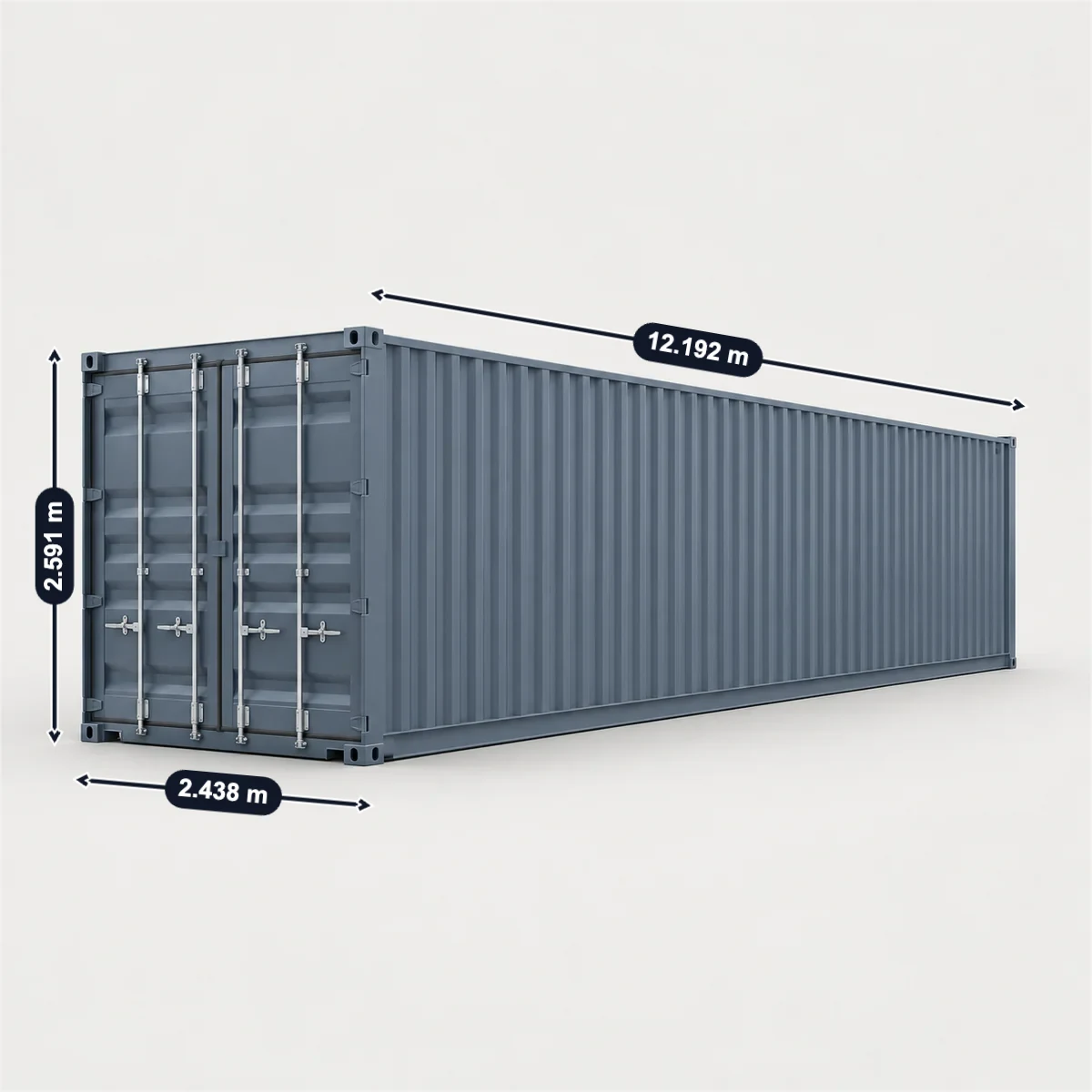40 ft container with its usual width, depth and height marked