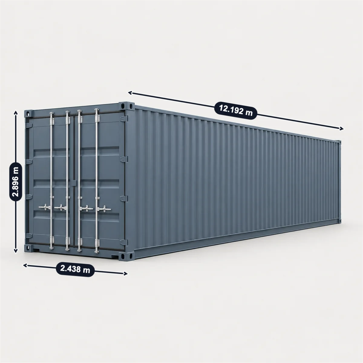 40 ft high cube container with its usual width, depth and height marked