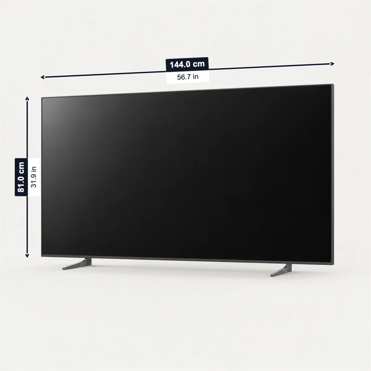 65-inch TV with its usual width, depth and height marked