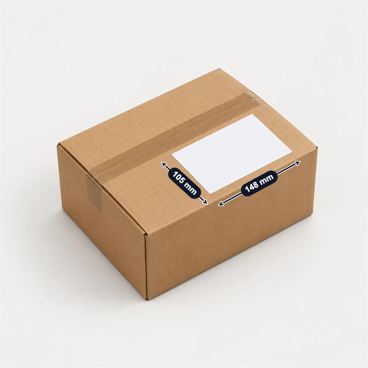 A6 (105 × 148 mm) shipping label with its usual width, depth and height marked