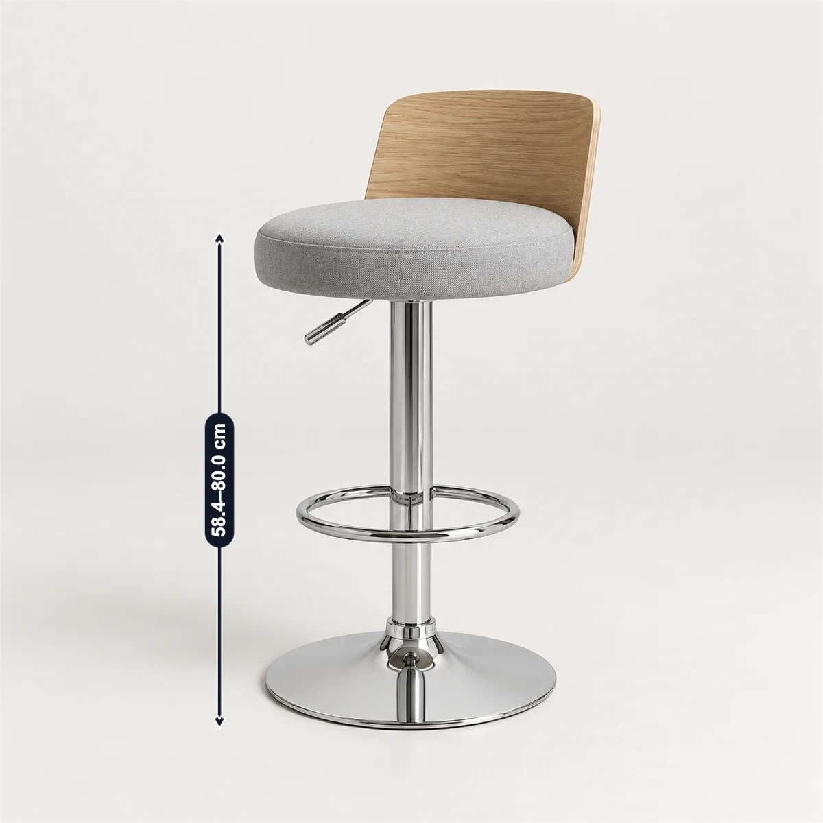 Adjustable bar stool with its usual width, depth and height marked