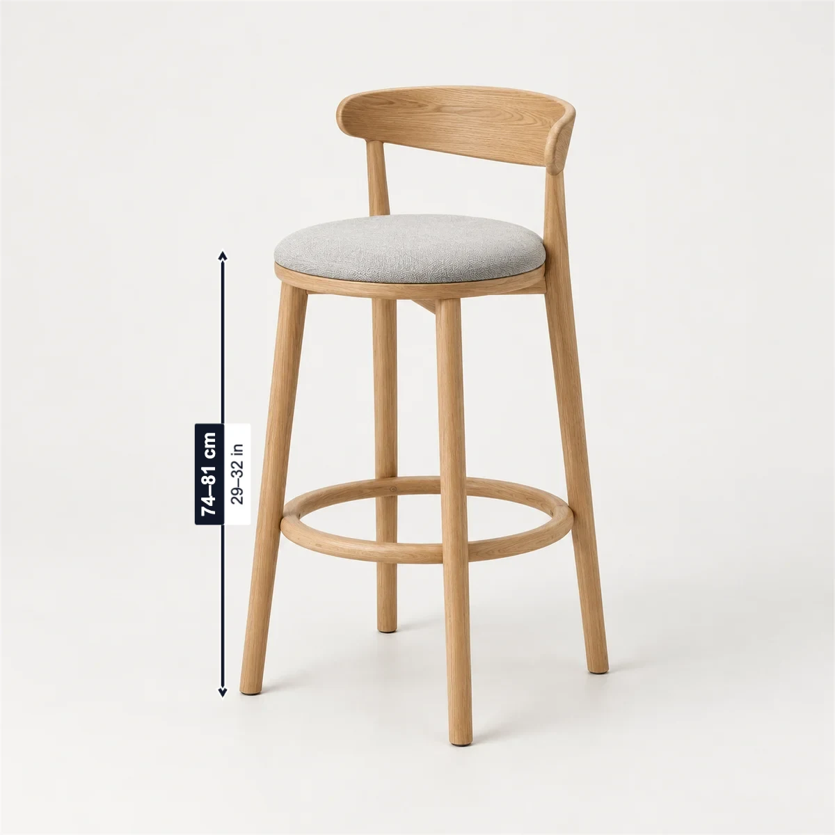 Bar-height stool with its usual width, depth and height marked