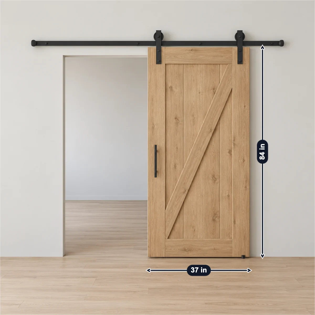 Sliding barn door with its usual width, depth and height marked