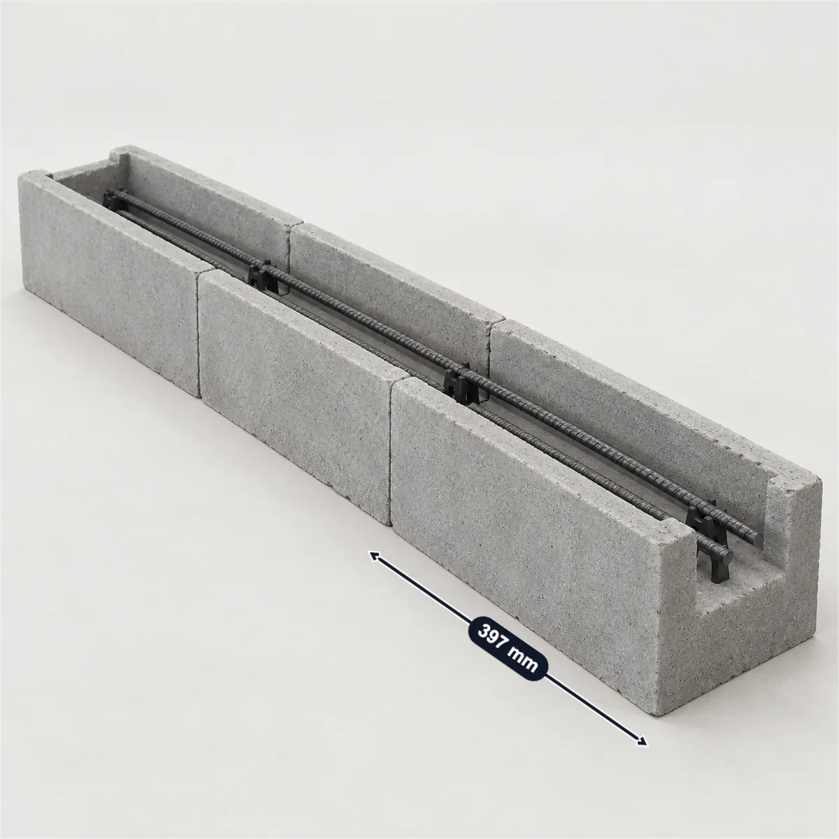 Bond beam block (8 × 8 × 16 in) with its usual width, depth and height marked