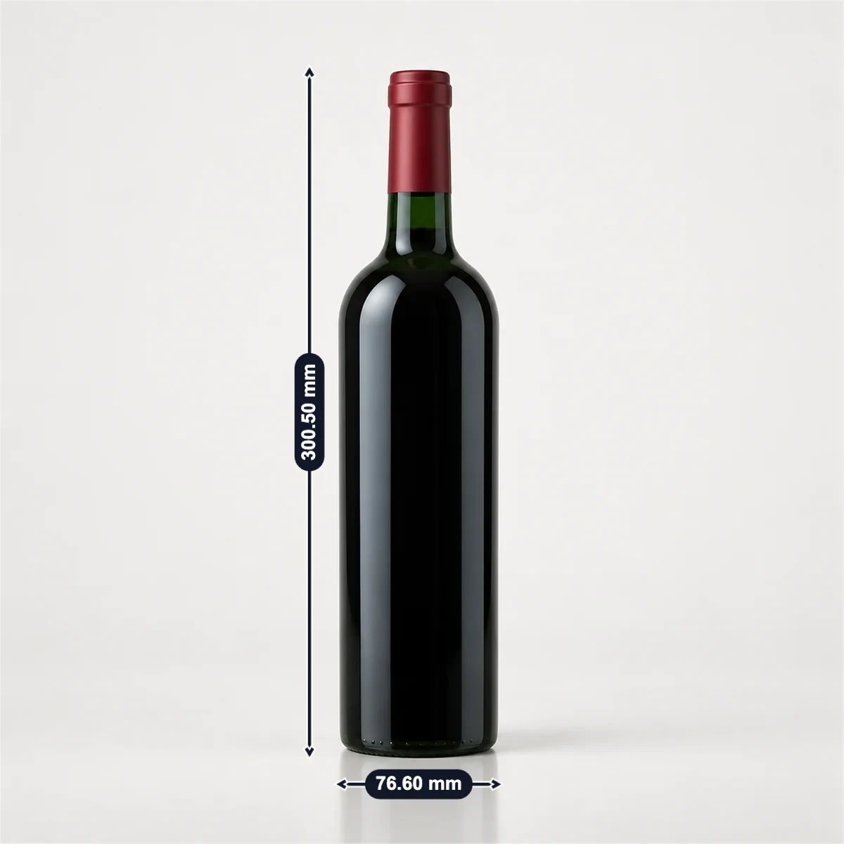 Bordeaux wine bottle (Bordelaise) with its usual width, depth and height marked