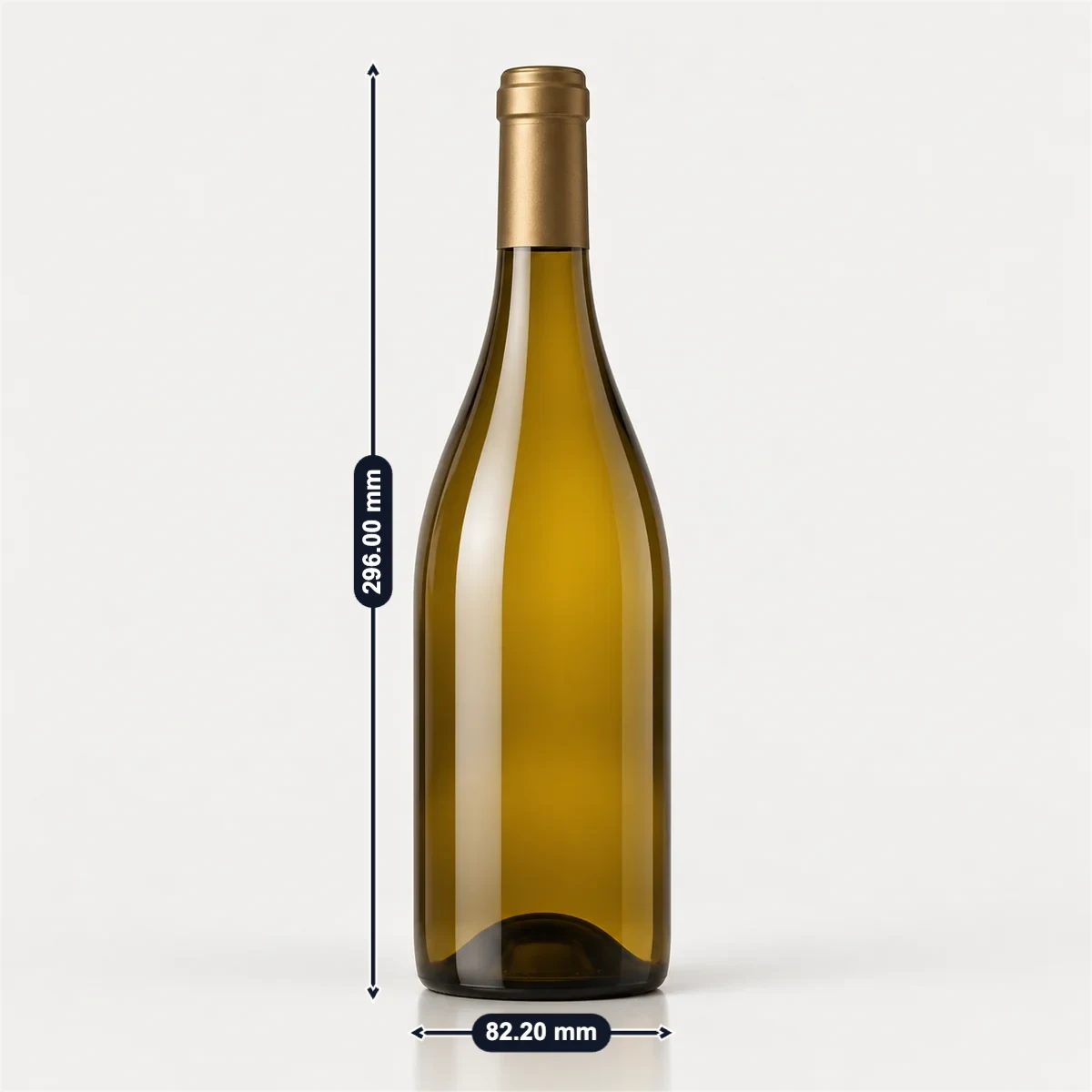 Burgundy wine bottle (Bourgogne) with its usual width, depth and height marked