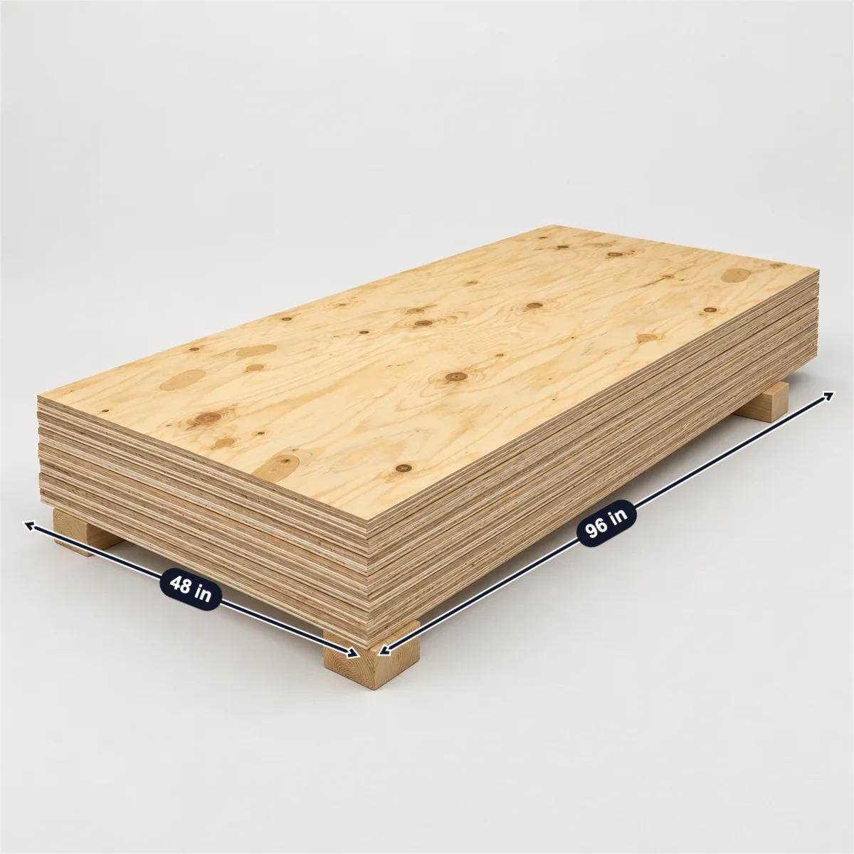 CDX plywood sheathing with its usual width, depth and height marked
