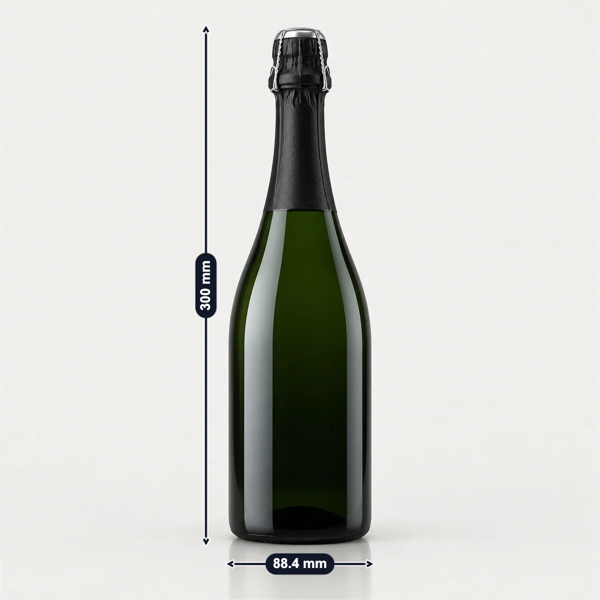 Champagne and sparkling wine bottle (Champenoise) with its usual width, depth and height marked