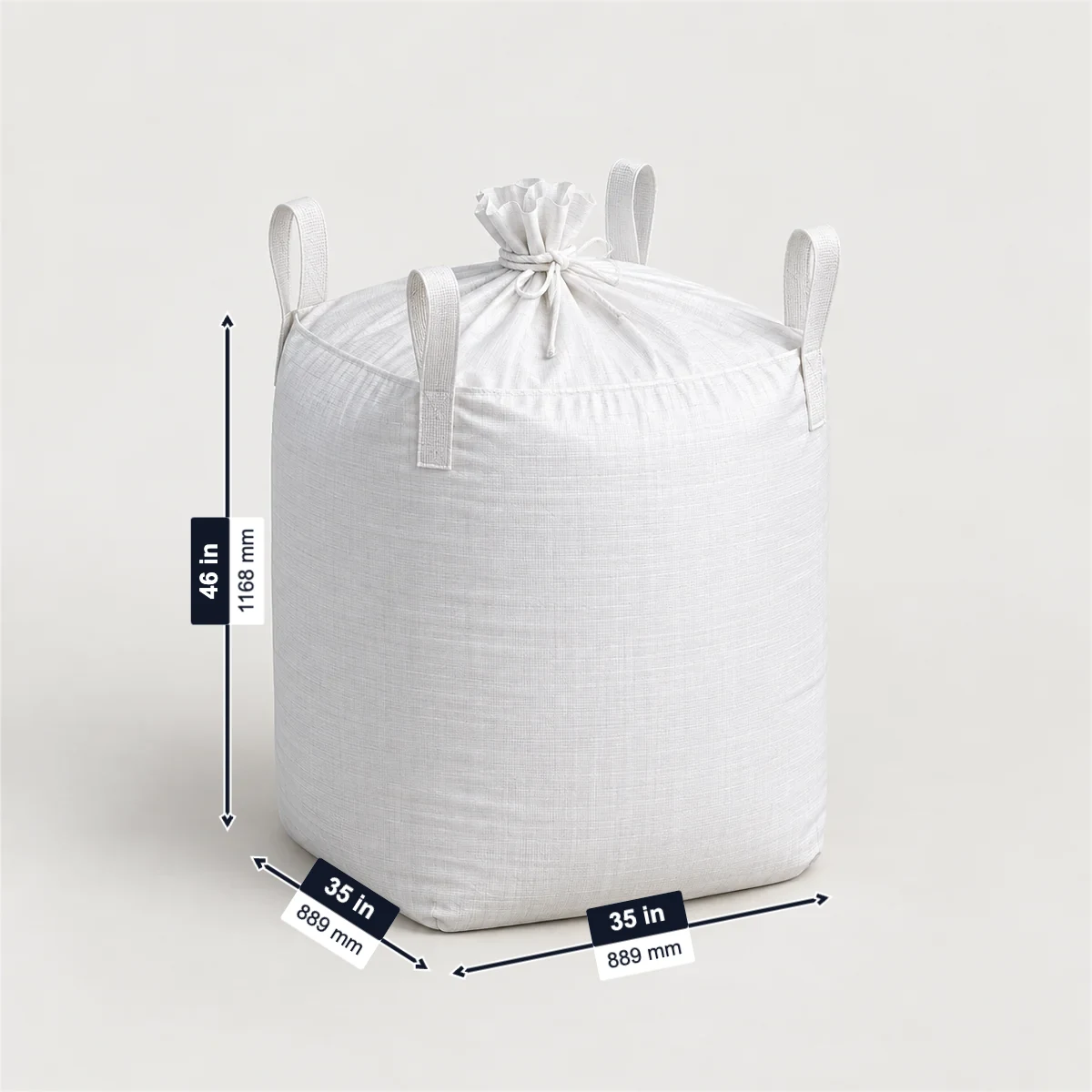 Circular (tubular) FIBC bulk bag with its usual width, depth and height marked