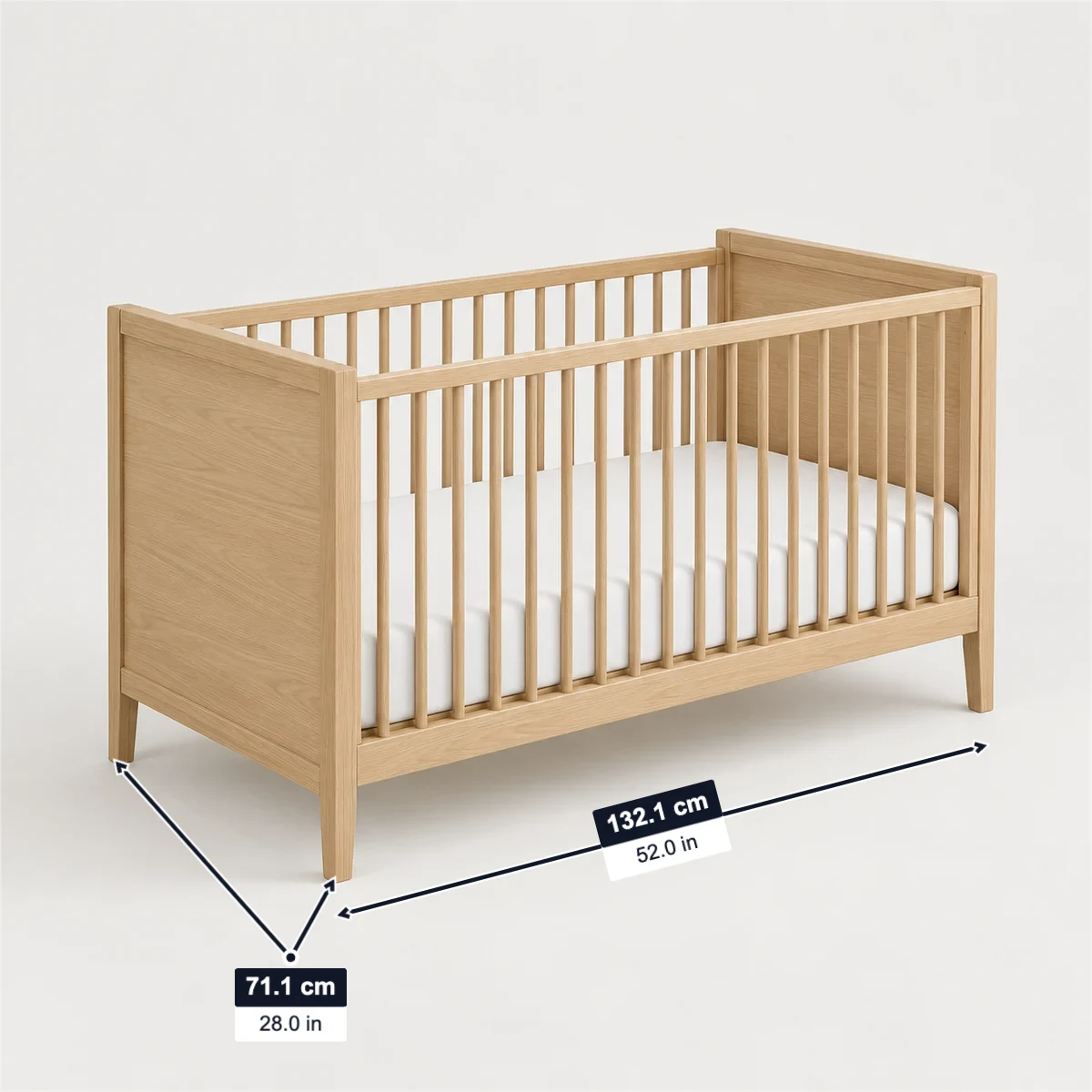 Convertible crib with its usual width, depth and height marked