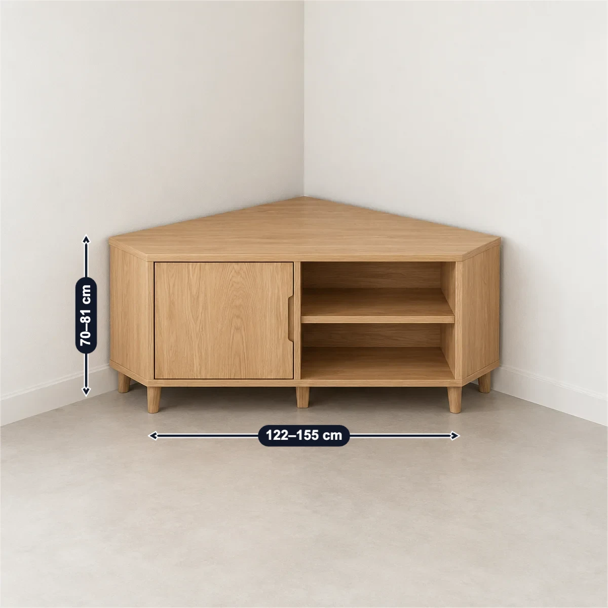 Corner TV stand with its usual width, depth and height marked