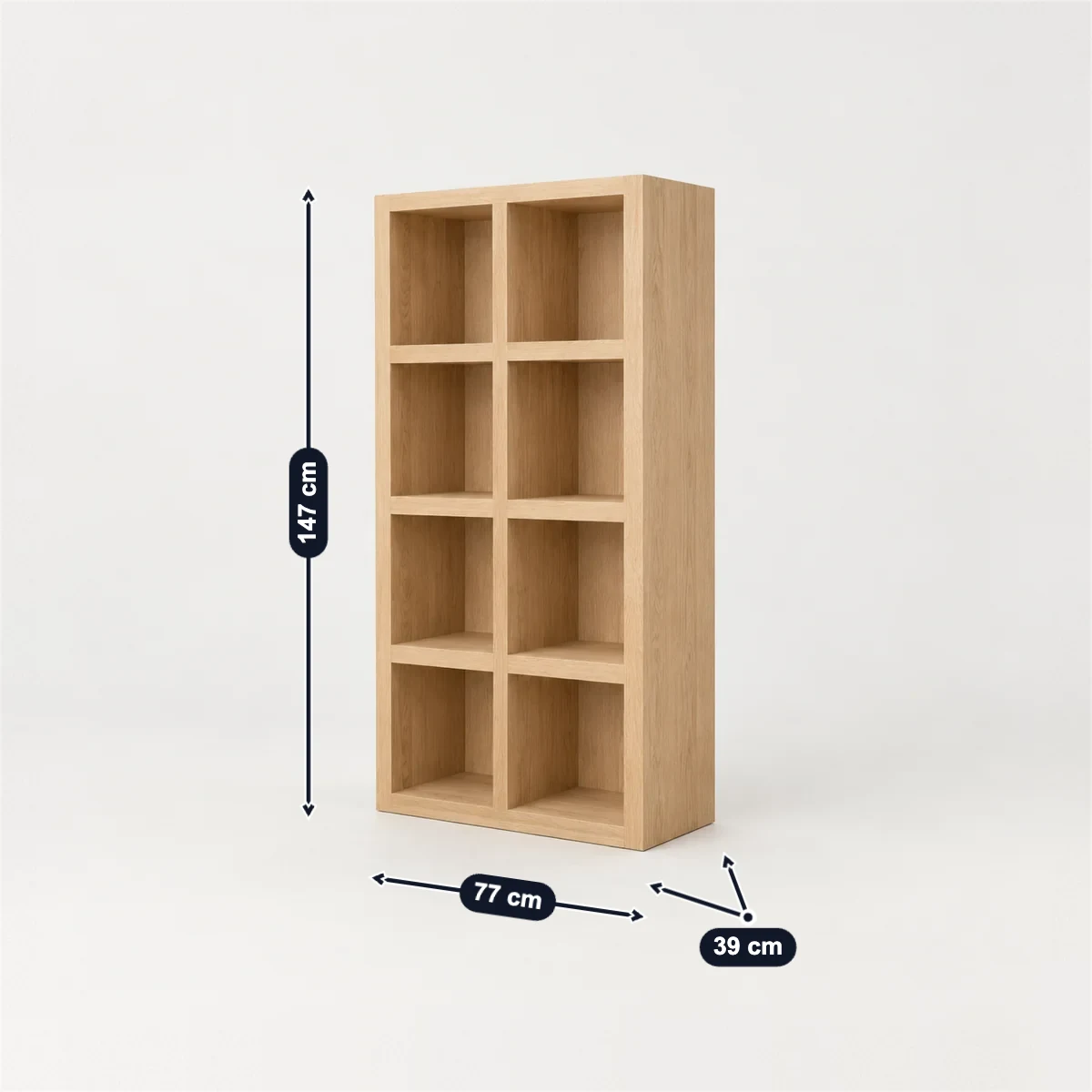 Cube bookshelf with its usual width, depth and height marked