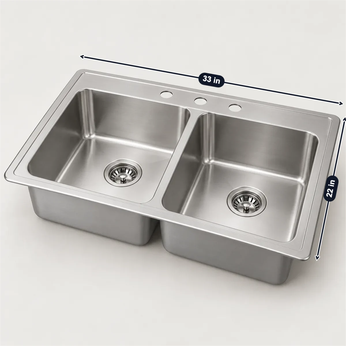 Double-bowl kitchen sink (33 in) with its usual width, depth and height marked
