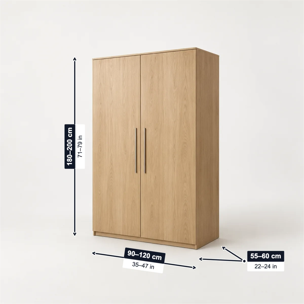 Double-door wardrobe with its usual width, depth and height marked