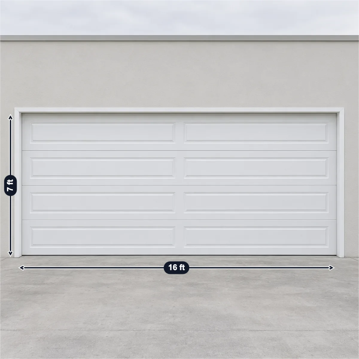 Double-car garage door (16 × 7 ft) with its usual width, depth and height marked
