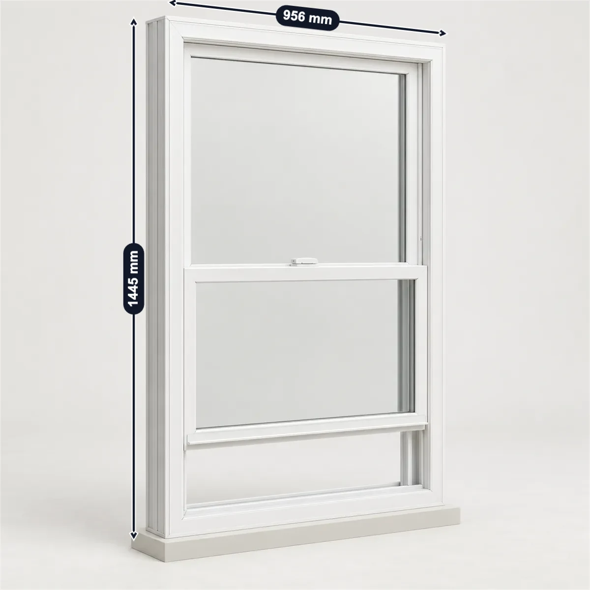 Double-hung window with its usual width, depth and height marked