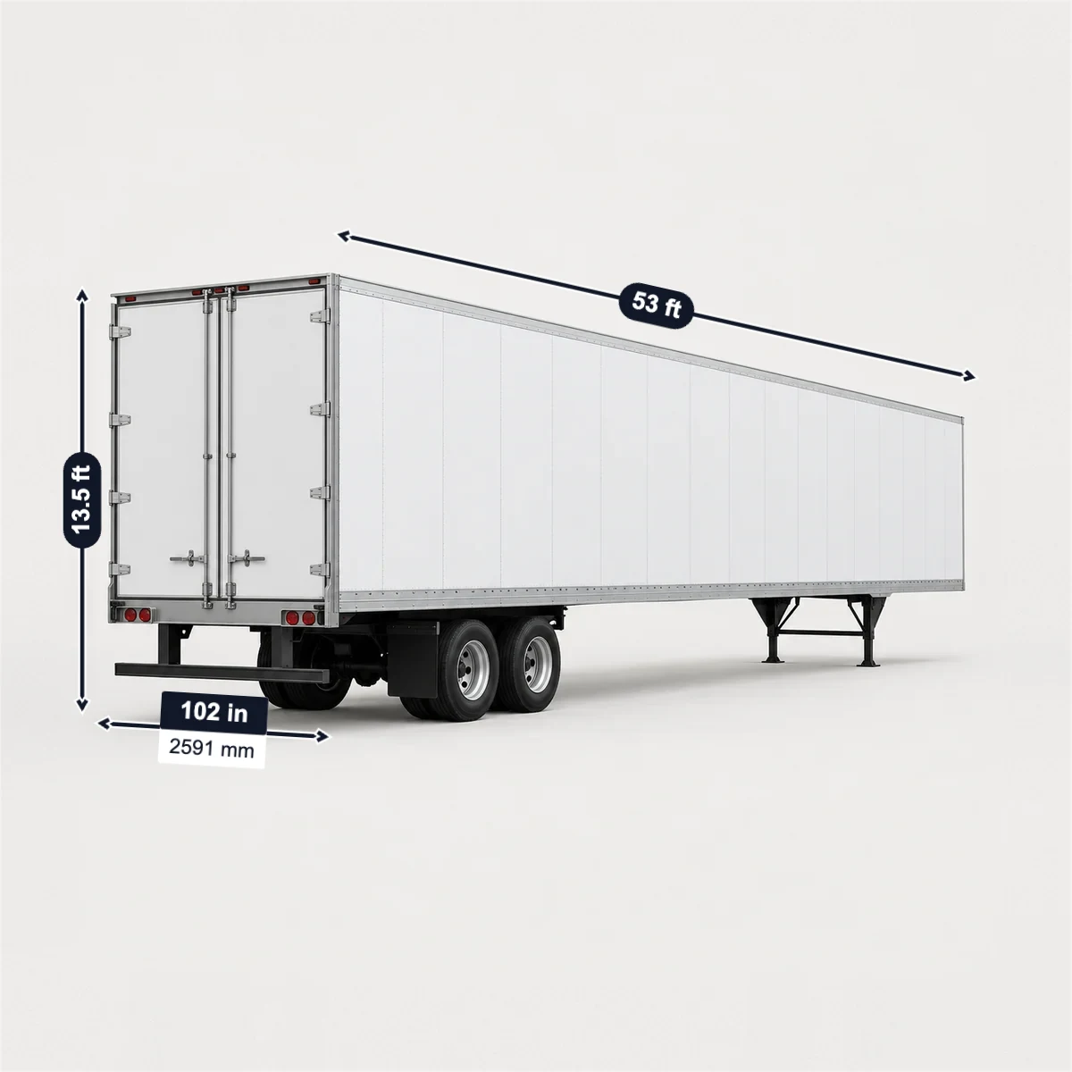 Dry van semi-trailer with its usual width, depth and height marked
