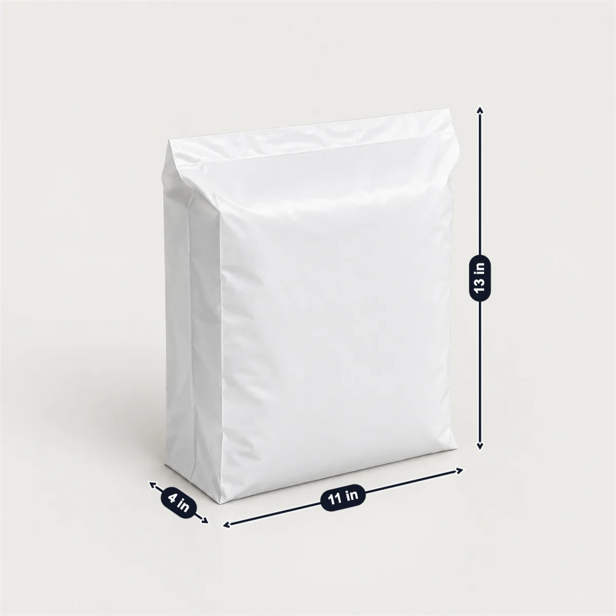 Expandable (gusseted) poly mailer with its usual width, depth and height marked