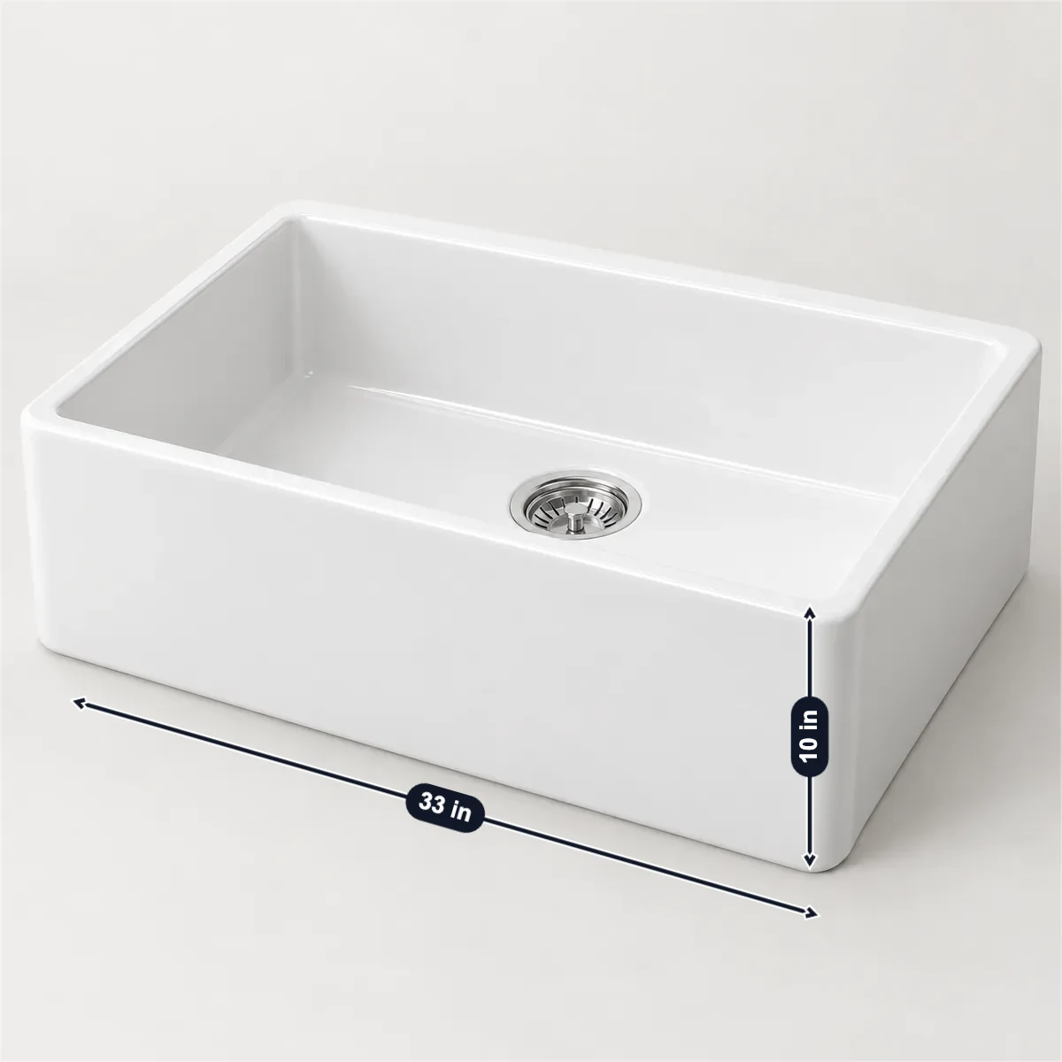 Farmhouse (apron-front) sink (33 in) with its usual width, depth and height marked