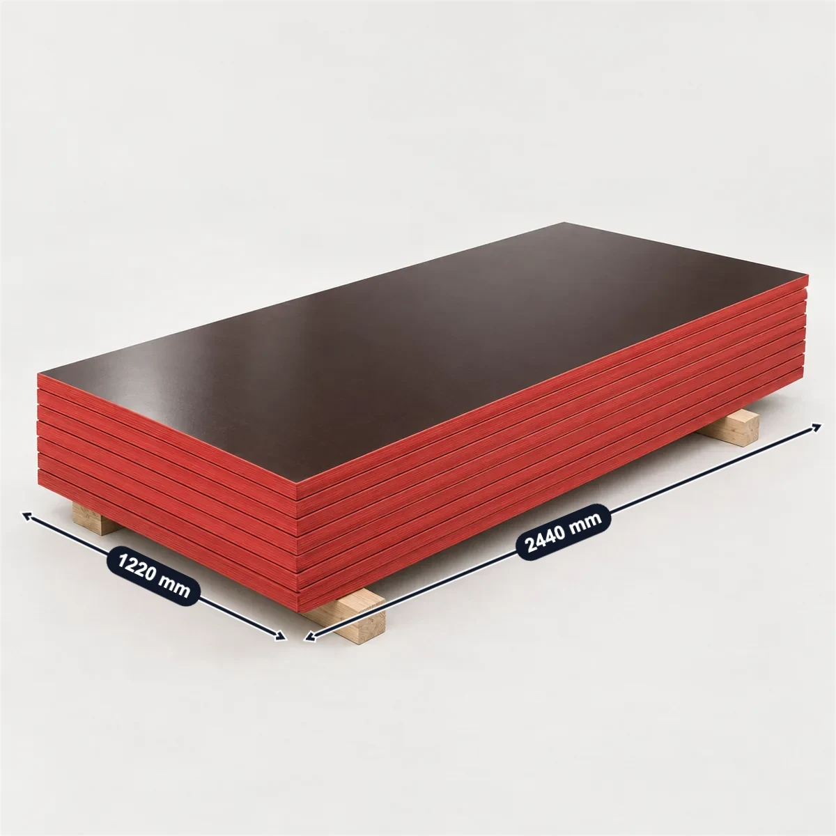 Film-faced formwork plywood with its usual width, depth and height marked