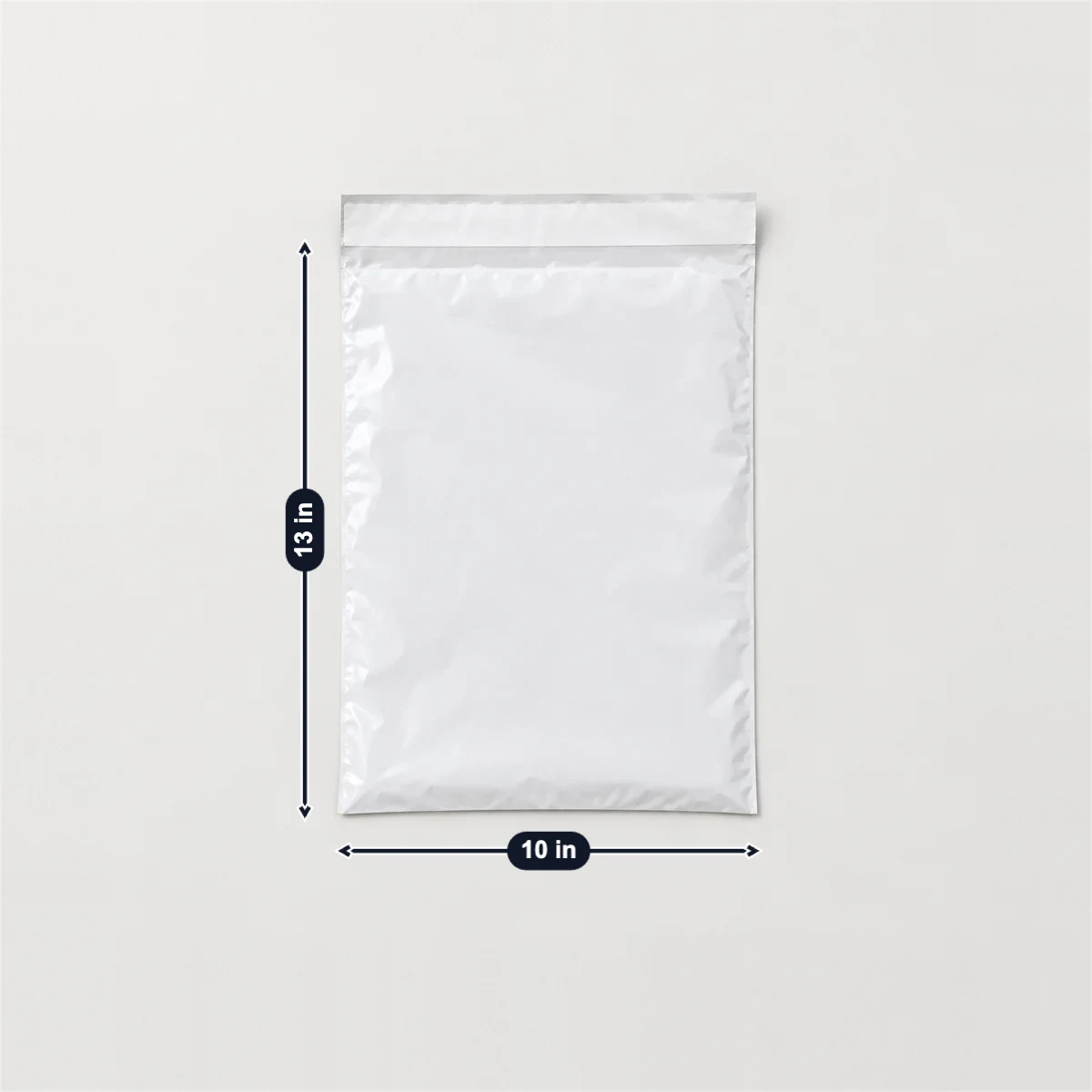 Flat poly mailer with its usual width, depth and height marked