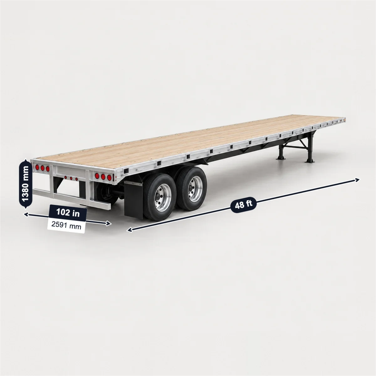 Flatbed semi-trailer with its usual width, depth and height marked