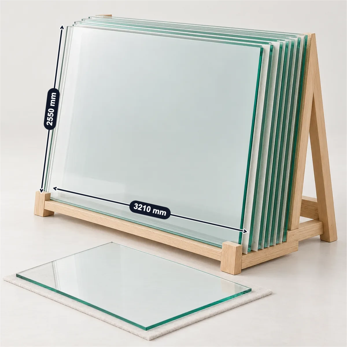 Clear float glass (6 mm) with its usual width, depth and height marked