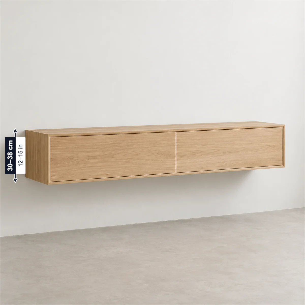 Floating TV stand with its usual width, depth and height marked