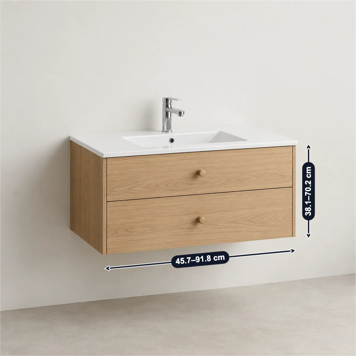 Floating vanity with its usual width, depth and height marked