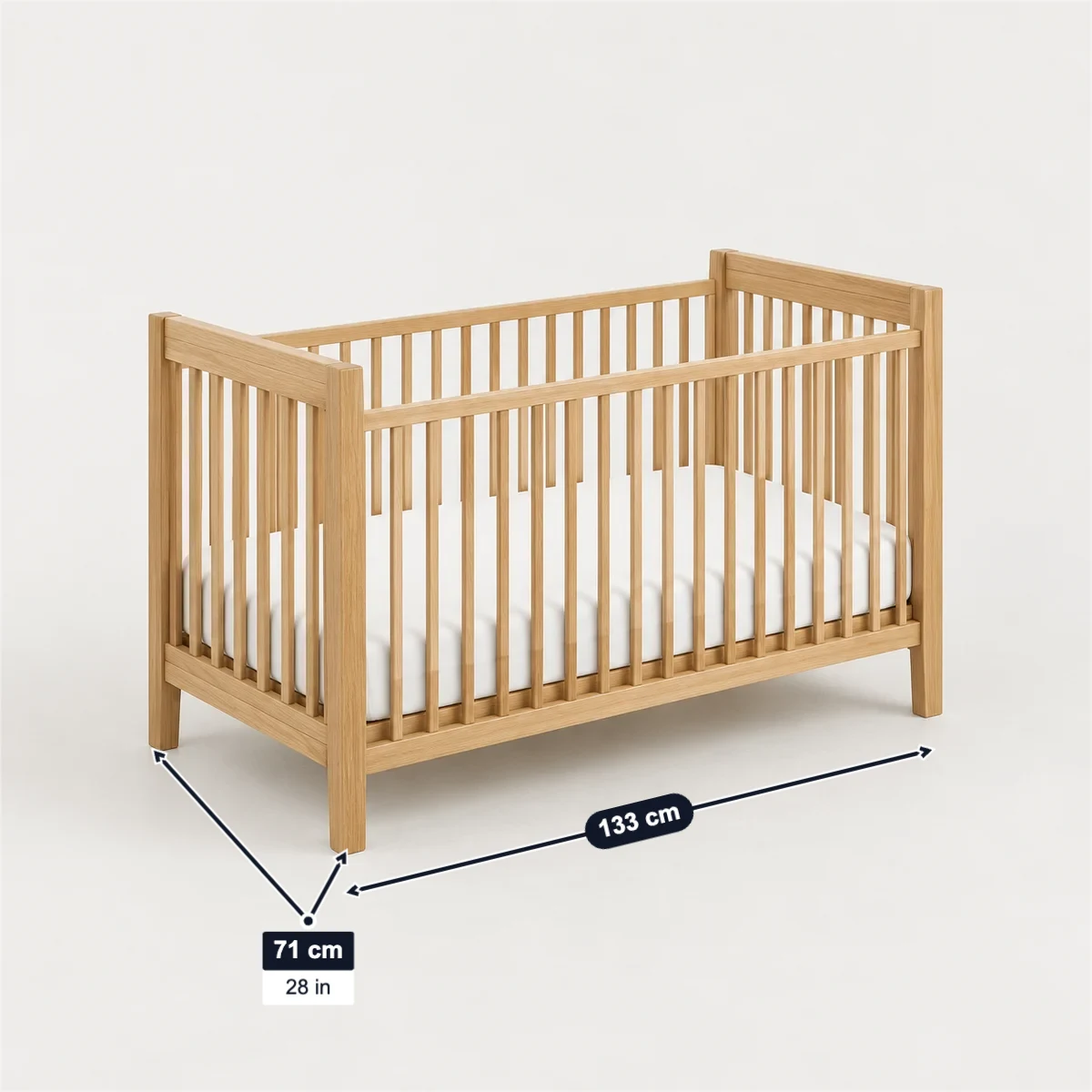 Full-size crib with its usual width, depth and height marked