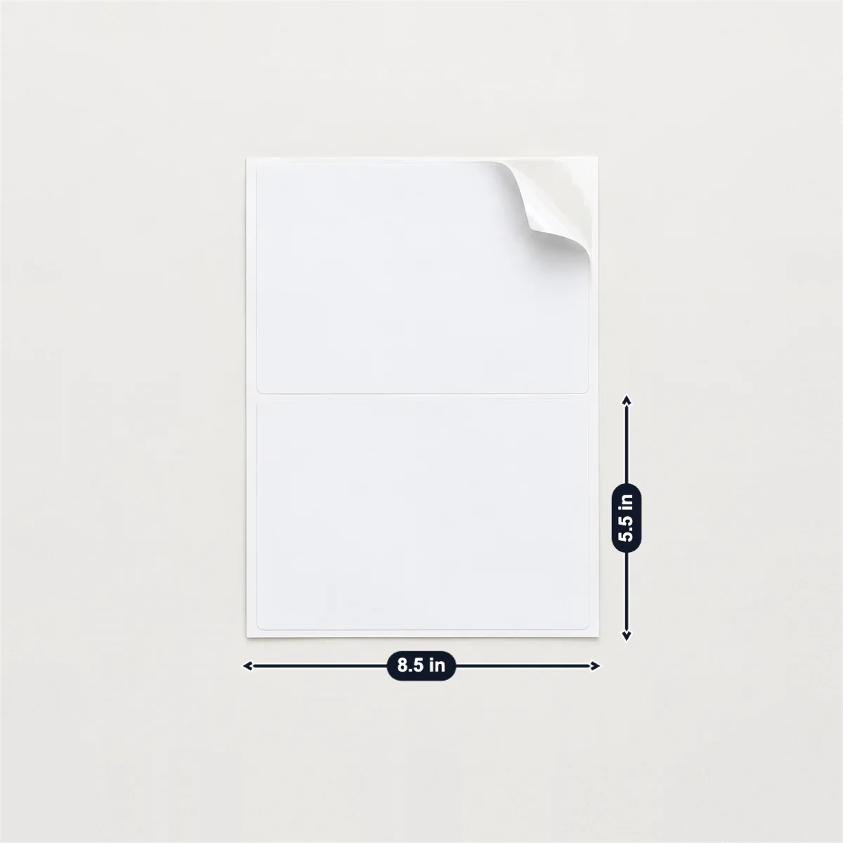 Half-sheet (8.5 × 5.5 in) shipping label with its usual width, depth and height marked