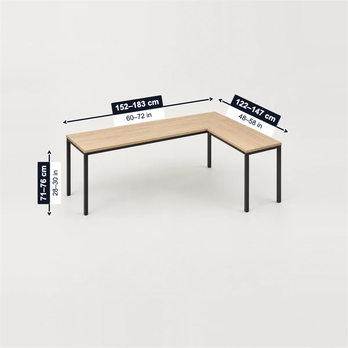 L-shaped desk with its usual width, depth and height marked