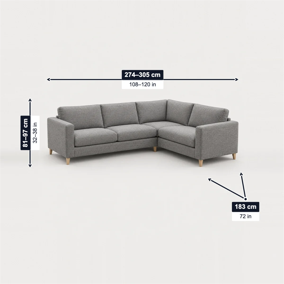 L-shaped sectional with its usual width, depth and height marked