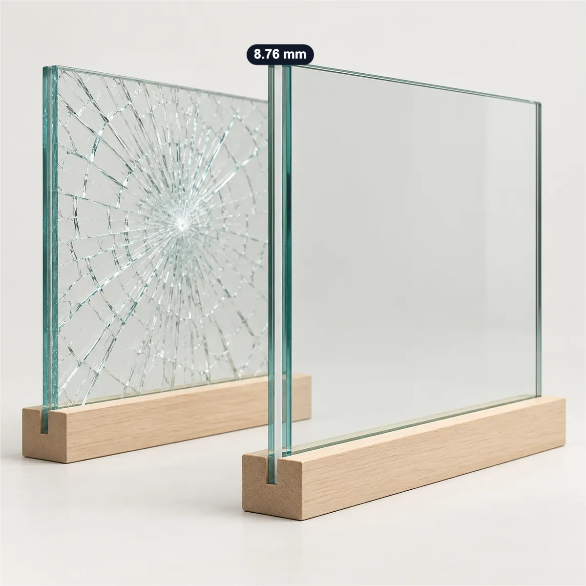 Laminated glass (8.76 mm) with its usual width, depth and height marked