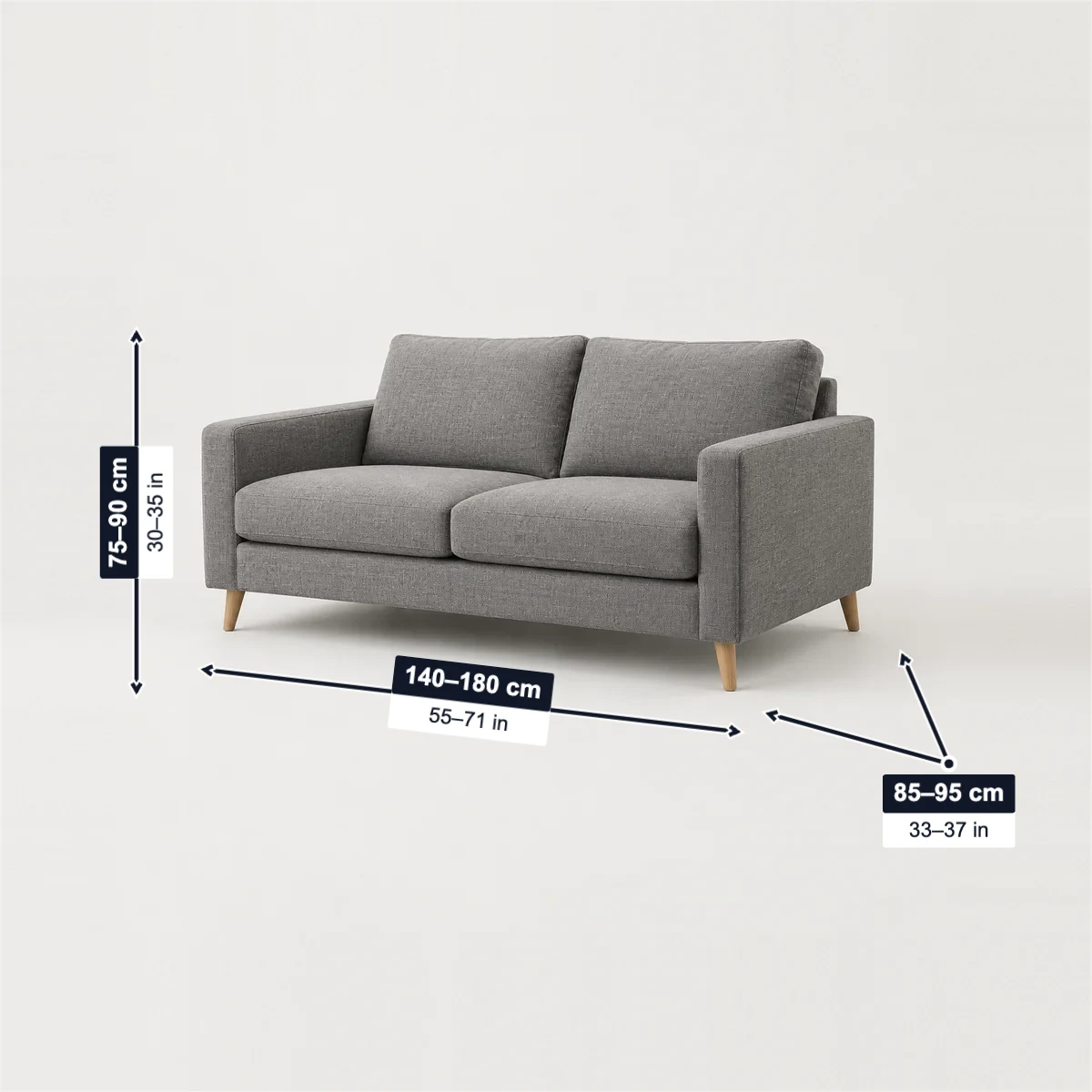 Loveseat with its usual width, depth and height marked