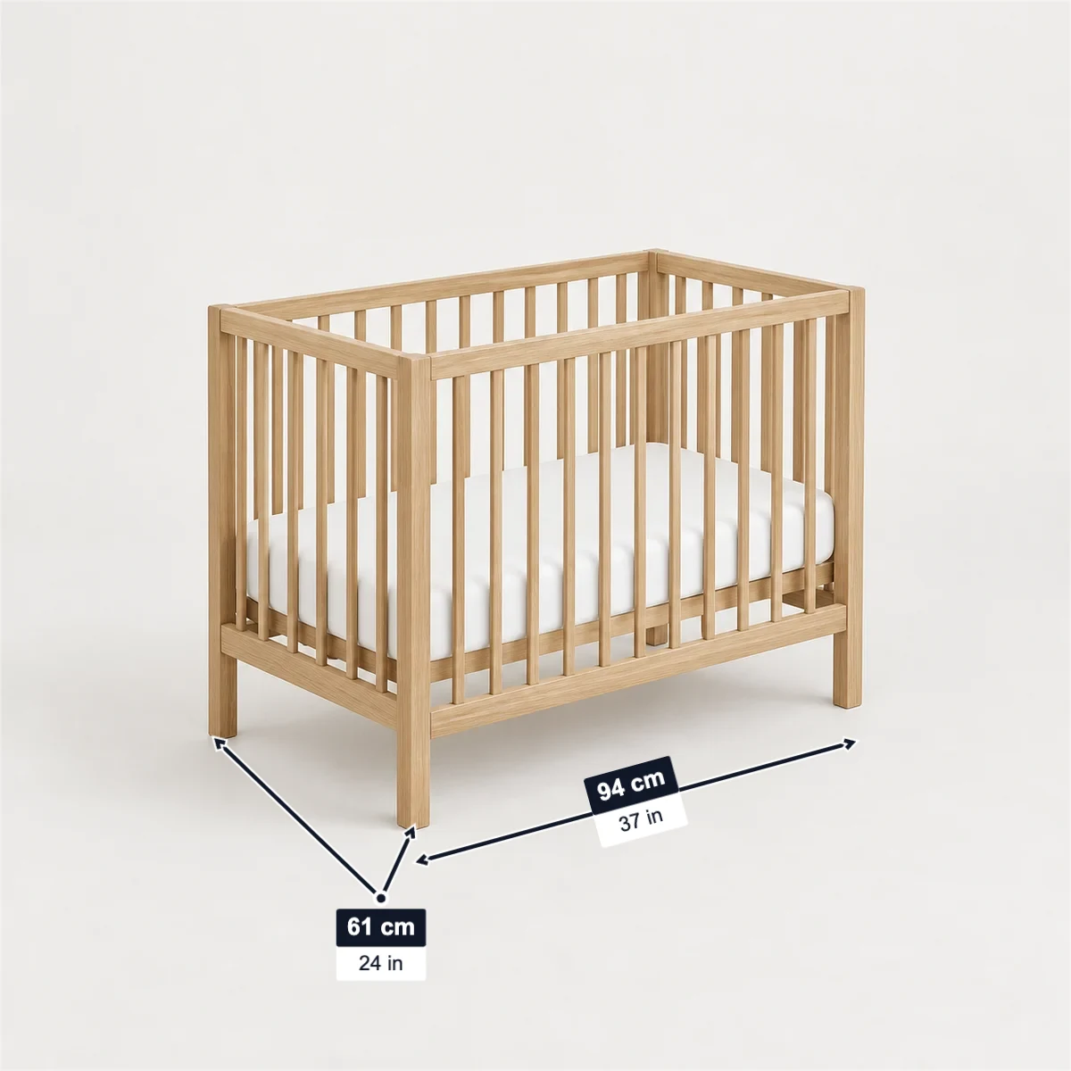 Mini crib with its usual width, depth and height marked