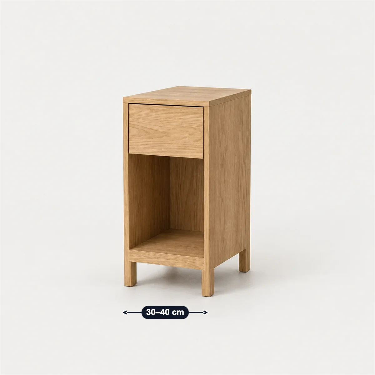 Narrow nightstand with its usual width, depth and height marked