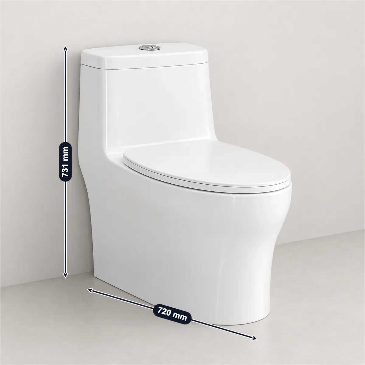 One-piece toilet (12 in rough-in) with its usual width, depth and height marked