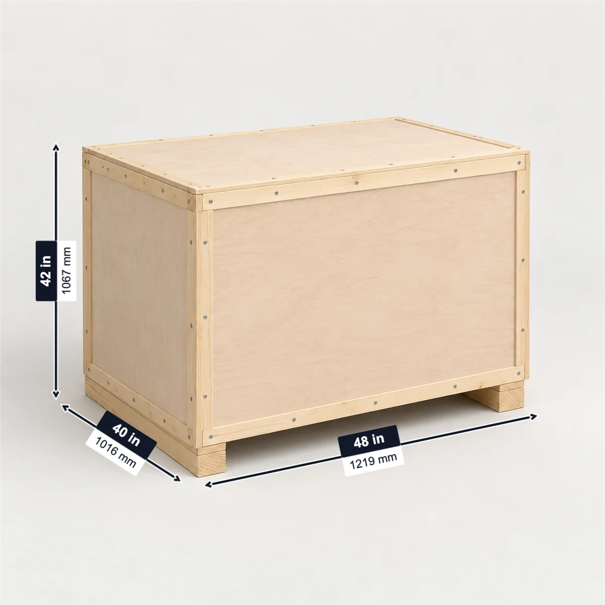 Plywood export box (plywood crate) with its usual width, depth and height marked
