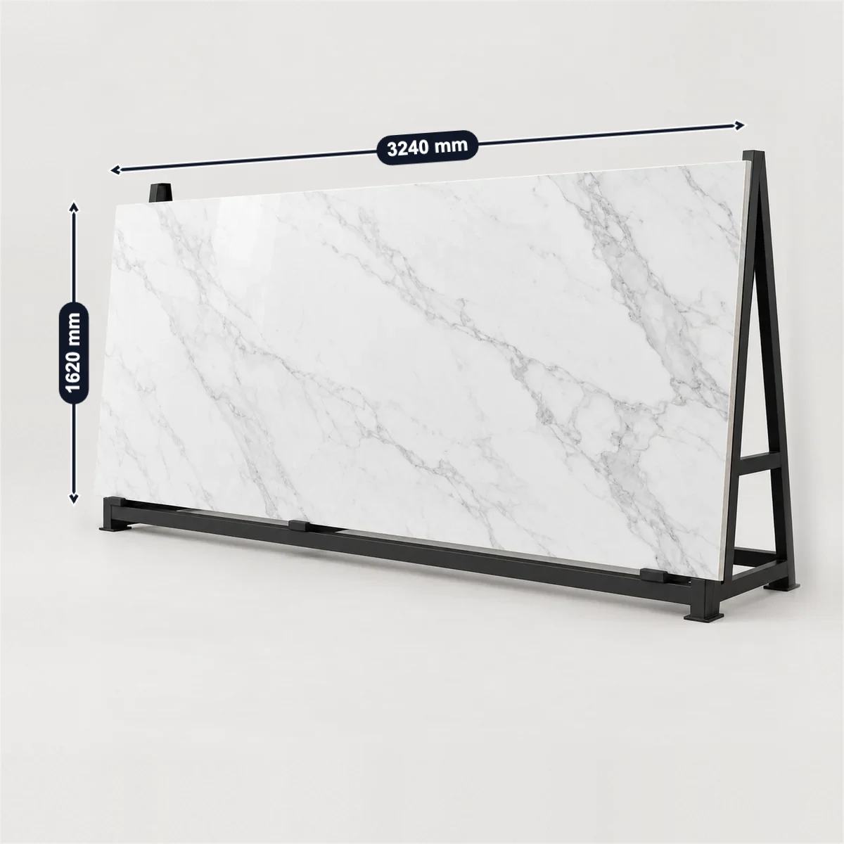 Large-format porcelain slab with its usual width, depth and height marked