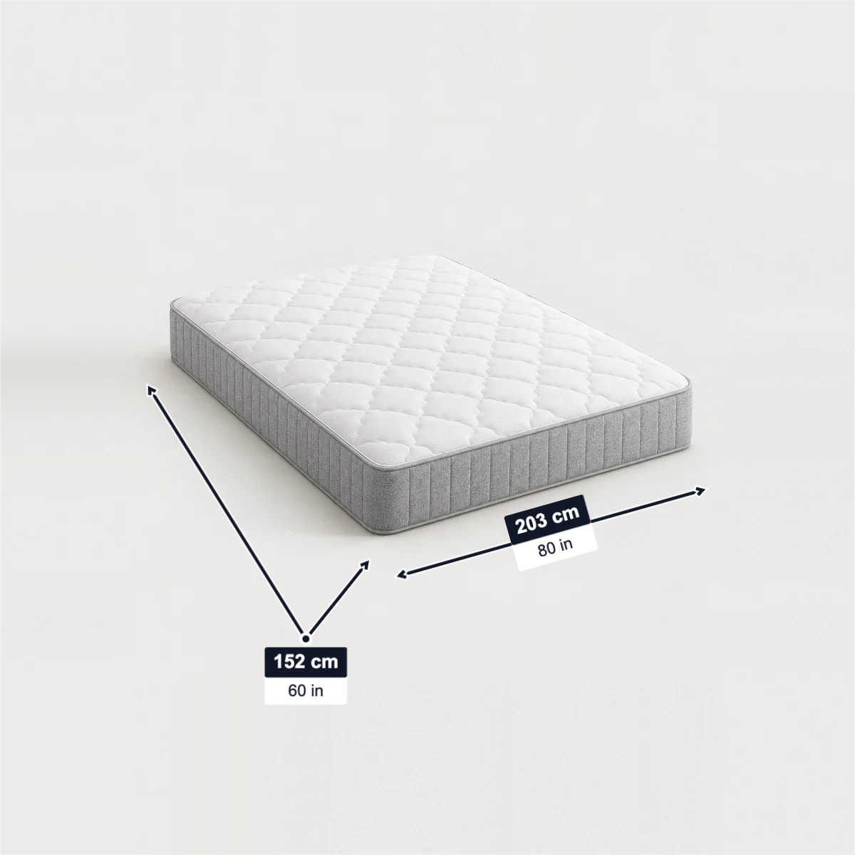 Queen mattress with its usual width, depth and height marked