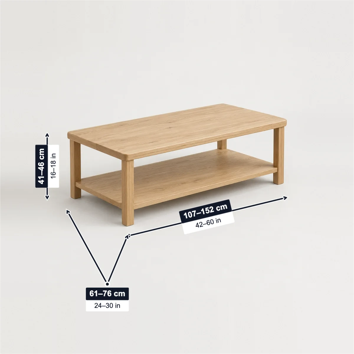 Rectangular coffee table with its usual width, depth and height marked