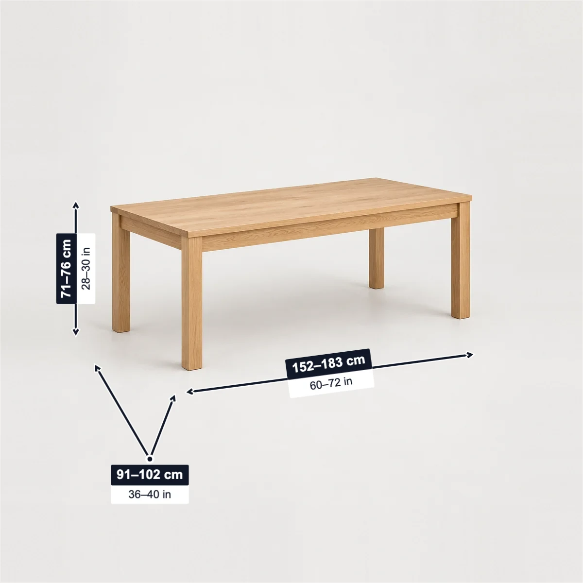 Rectangular dining table with its usual width, depth and height marked