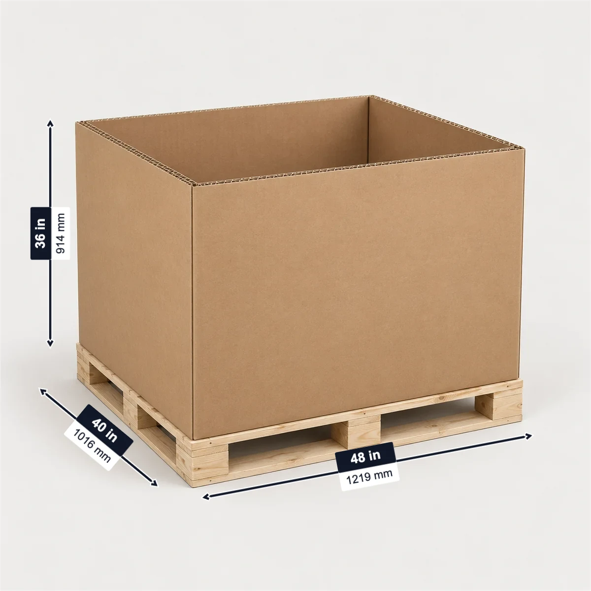 Rectangular Gaylord box (corrugated bulk box) with its usual width, depth and height marked